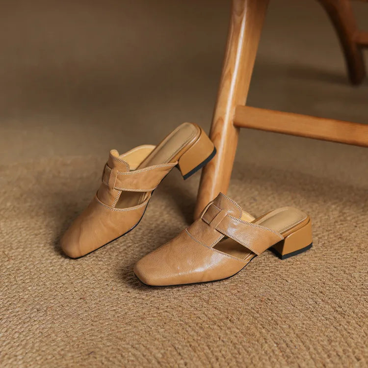 Women's Genuine Leather Mules - Cut-Out Block Heel Shoes in Yellow Brown