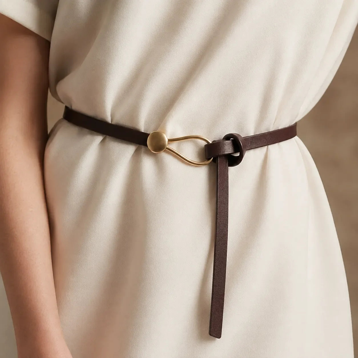 Slim premium leather belt with sculptural gold pin-hook buckle