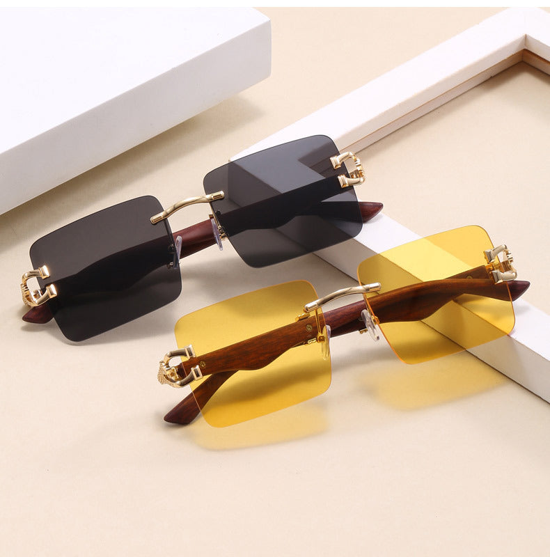 Rimless gradient sunglasses with gold leopard temple detail