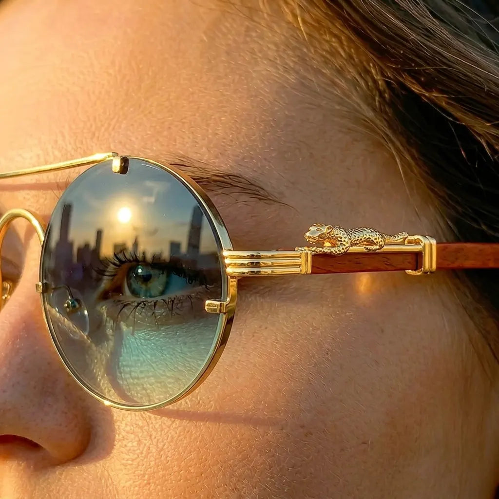 Leopard Temple Rimless Sunglasses - Gold Metal UV400 Statement Shades