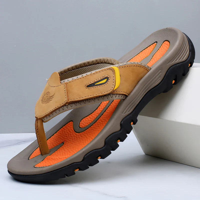 Men's Genuine Leather Sandals - Cushioned Outdoor Grip Footwear in Brown