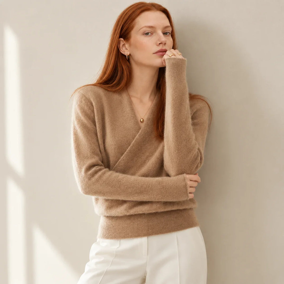 Women's 100 percent cashmere crossover collar wrap sweater