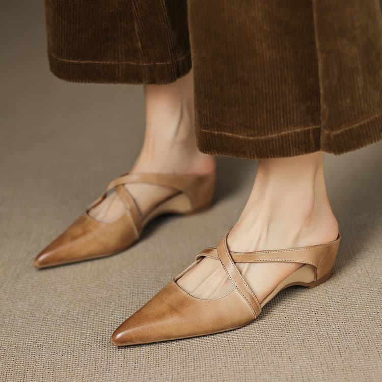 Women's Leather Cross-Strap Mules - Pointed Toe Wedge Shoes in Yellow Brown