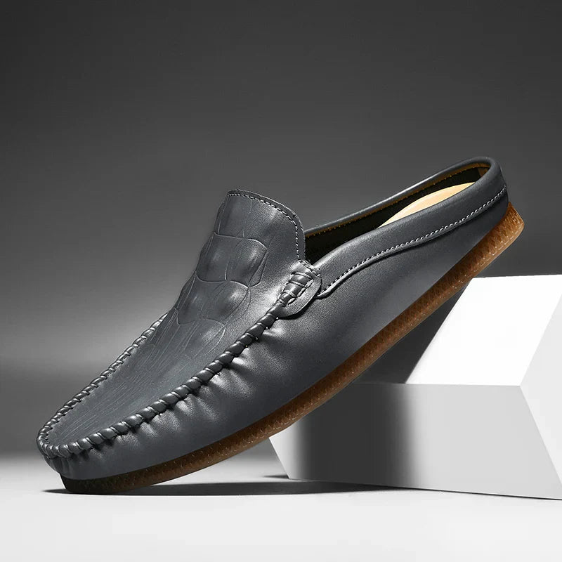 Men's Backless Leather Loafers - Slip-On Mule Dress Shoes in Jet Black