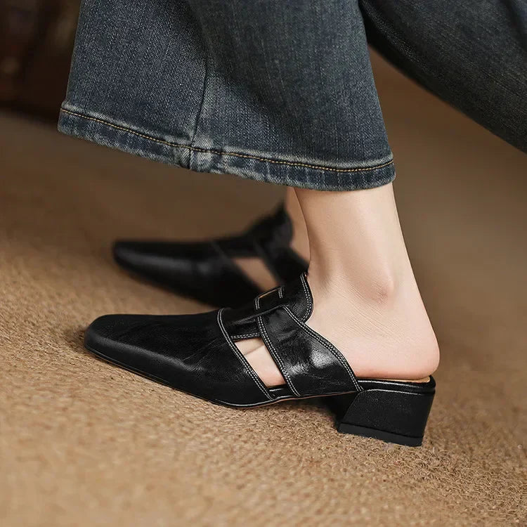 Women's Genuine Leather Mules - Cut-Out Block Heel Shoes in Yellow Brown