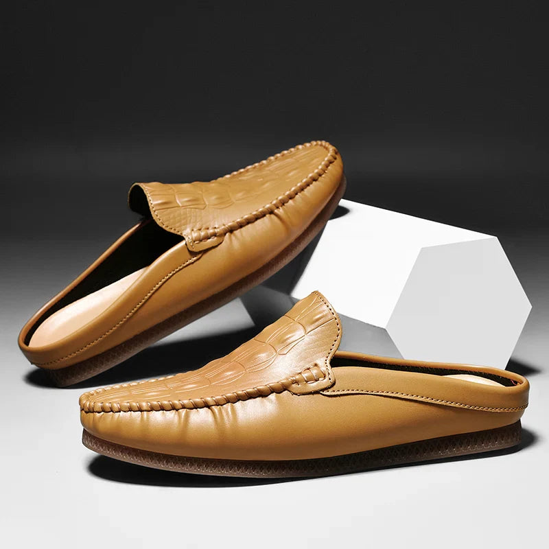 Men's Backless Leather Loafers - Slip-On Mule Dress Shoes in Yellow Brown