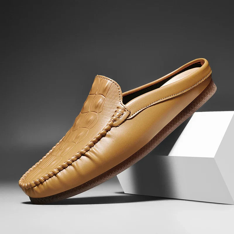 Men's Backless Leather Loafers - Slip-On Mule Dress Shoes in Yellow Brown