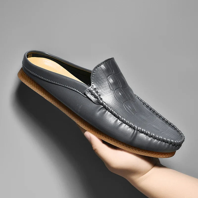 Men's Backless Leather Loafers - Slip-On Mule Dress Shoes in Jet Black