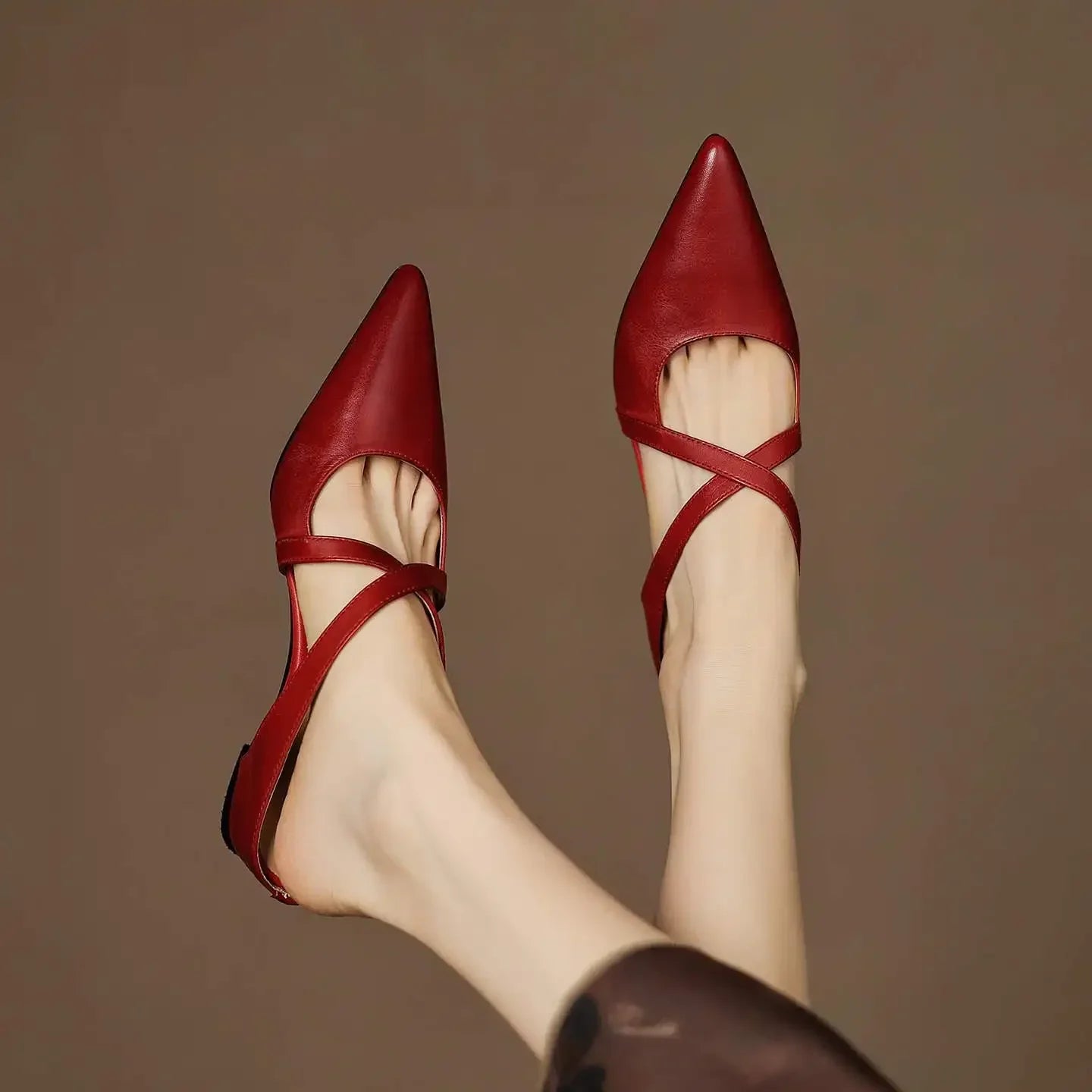Women's Leather Cross-Strap Mules - Pointed Toe Wedge Shoes in Yellow Brown