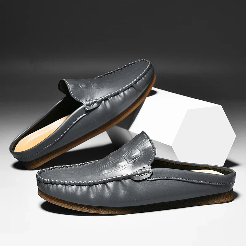 Men's Backless Leather Loafers - Slip-On Mule Dress Shoes in Jet Black