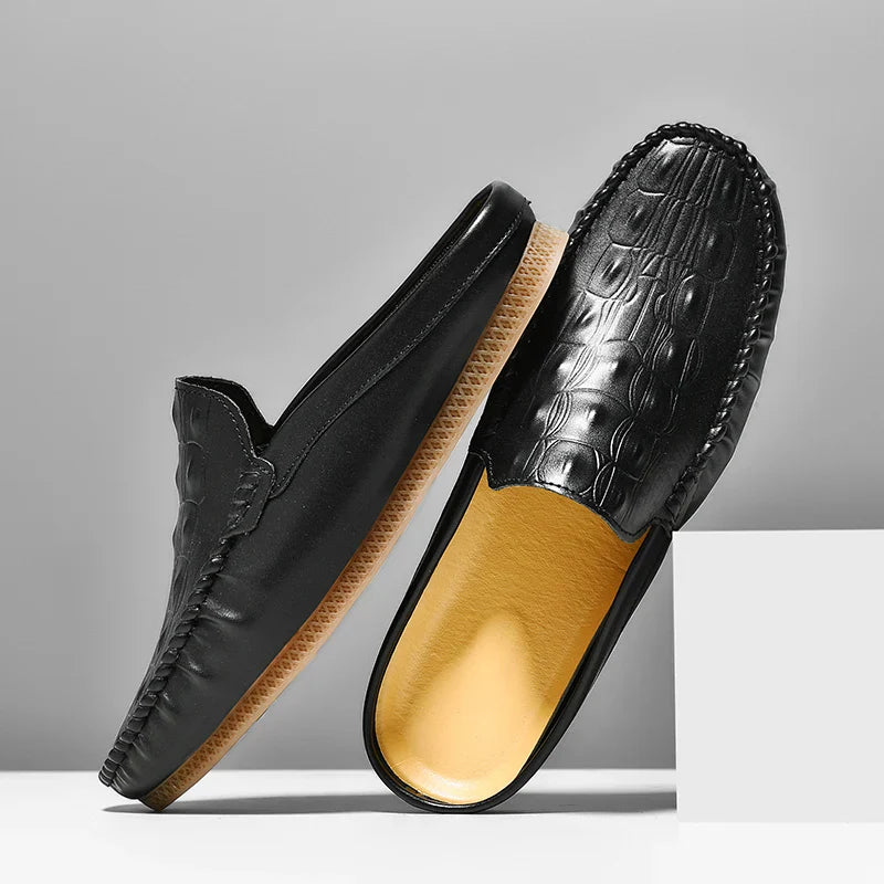 Men's Backless Leather Loafers - Slip-On Mule Dress Shoes in Yellow Brown