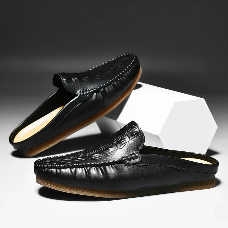 Men's Backless Leather Loafers - Slip-On Mule Dress Shoes in Yellow Brown
