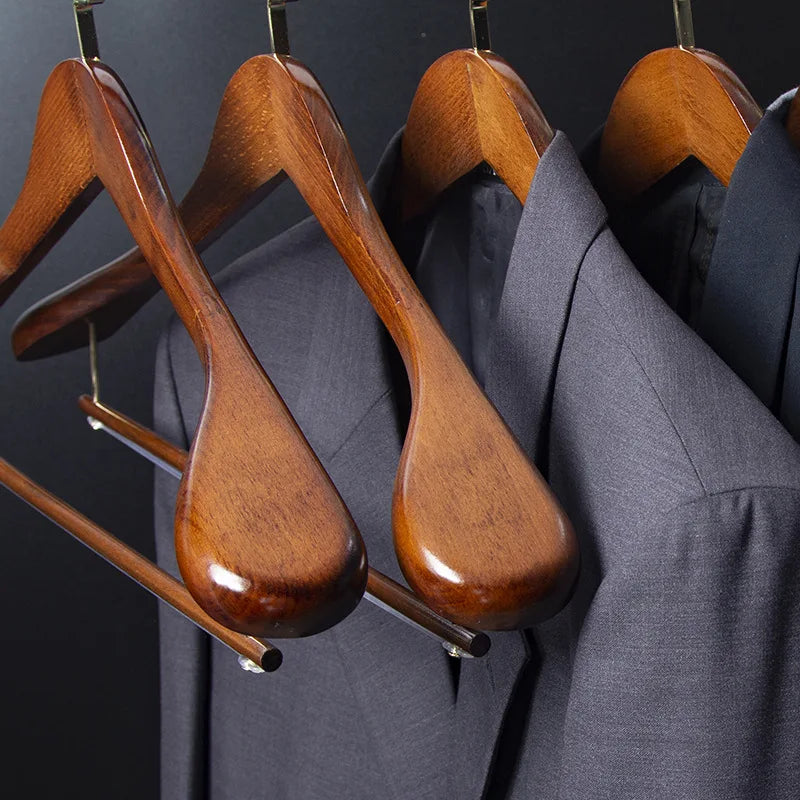 Premium Walnut Wood Hangers - Wide Shoulder Closet Set in dark-brown
