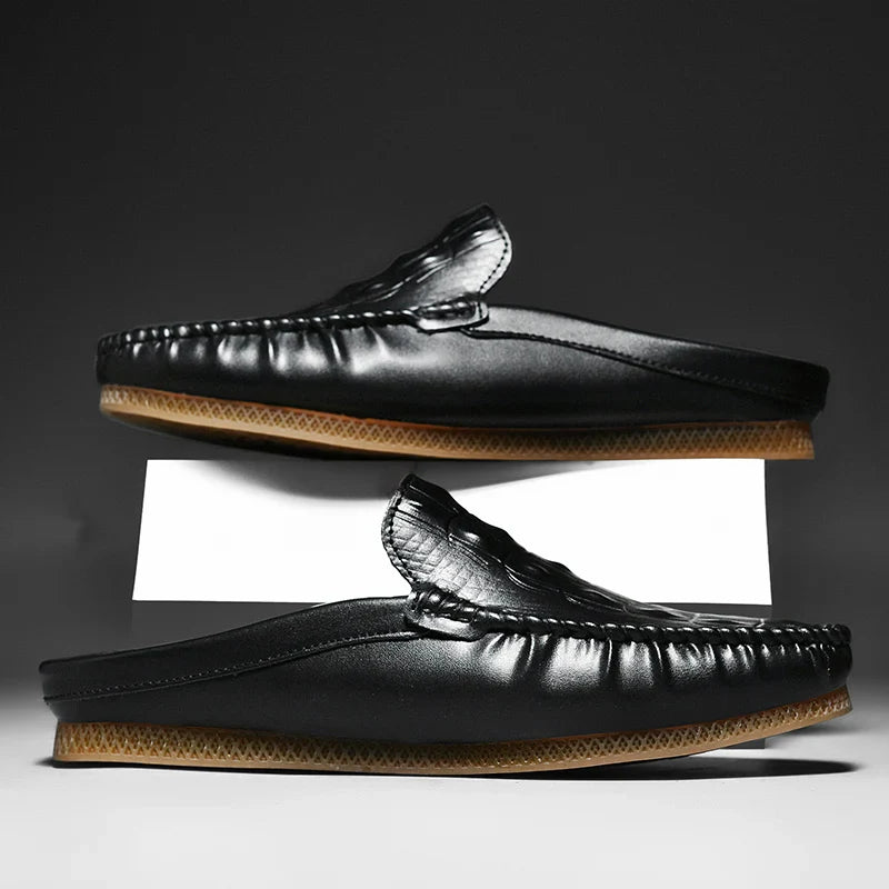 Men's Backless Leather Loafers - Slip-On Mule Dress Shoes in Yellow Brown