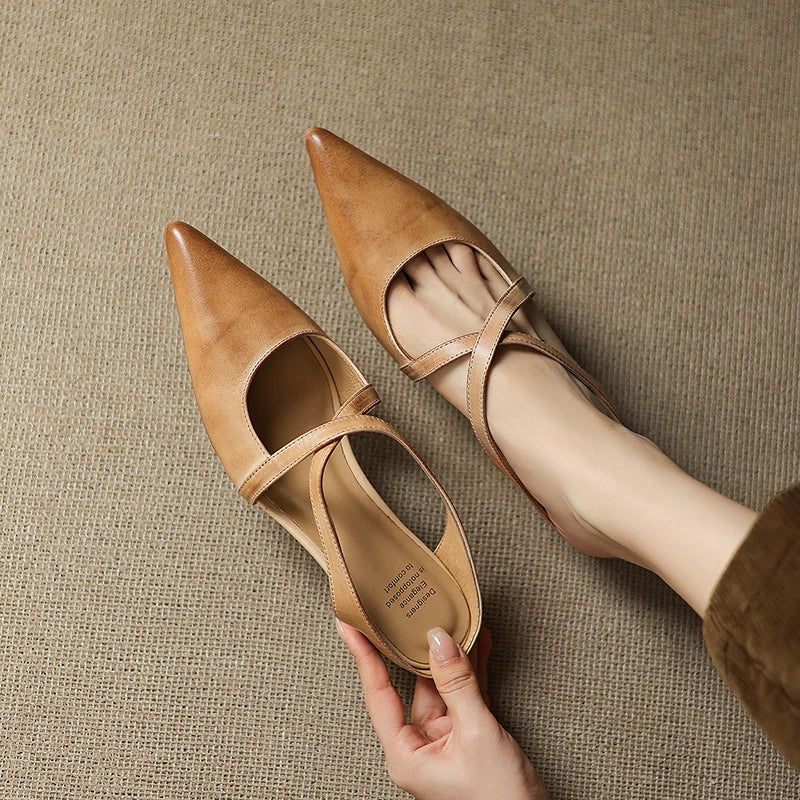 Women's Leather Cross-Strap Mules - Pointed Toe Wedge Shoes in Yellow Brown