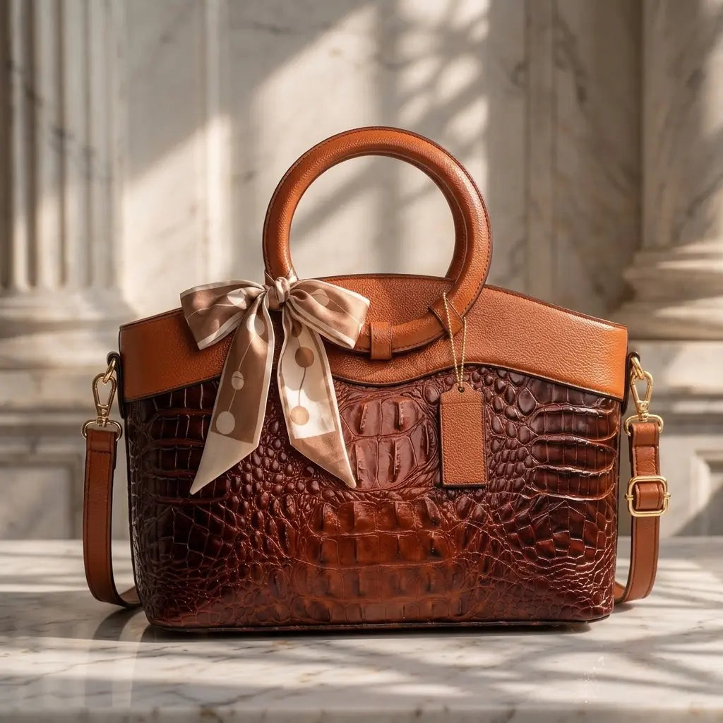 Croc-embossed leather satchel with top handles and crossbody strap