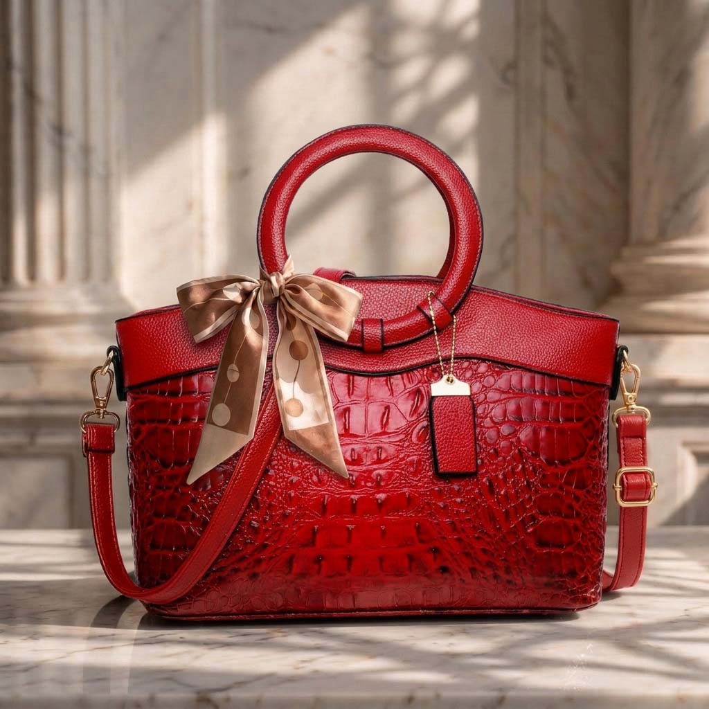 Croc-embossed leather satchel with top handles and crossbody strap