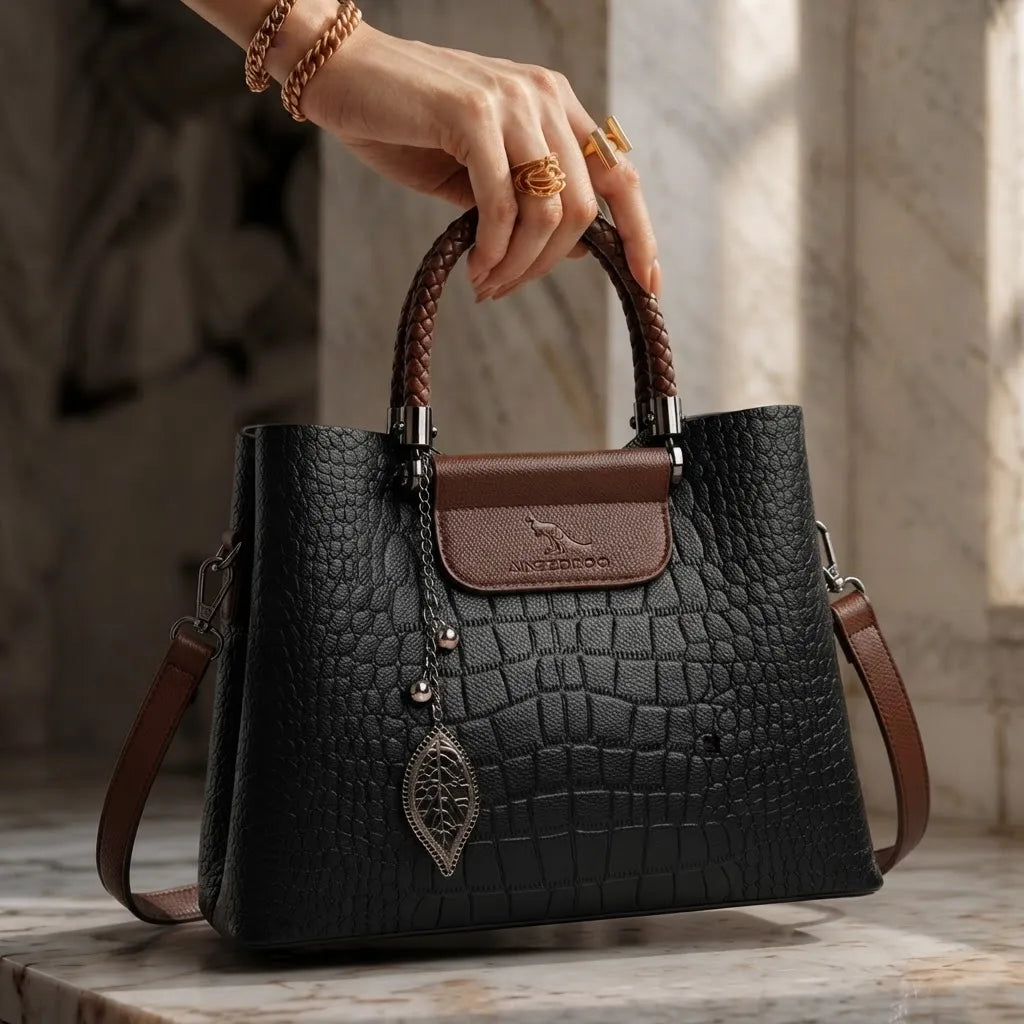 Croc-embossed leather shoulder bag with braided top handle