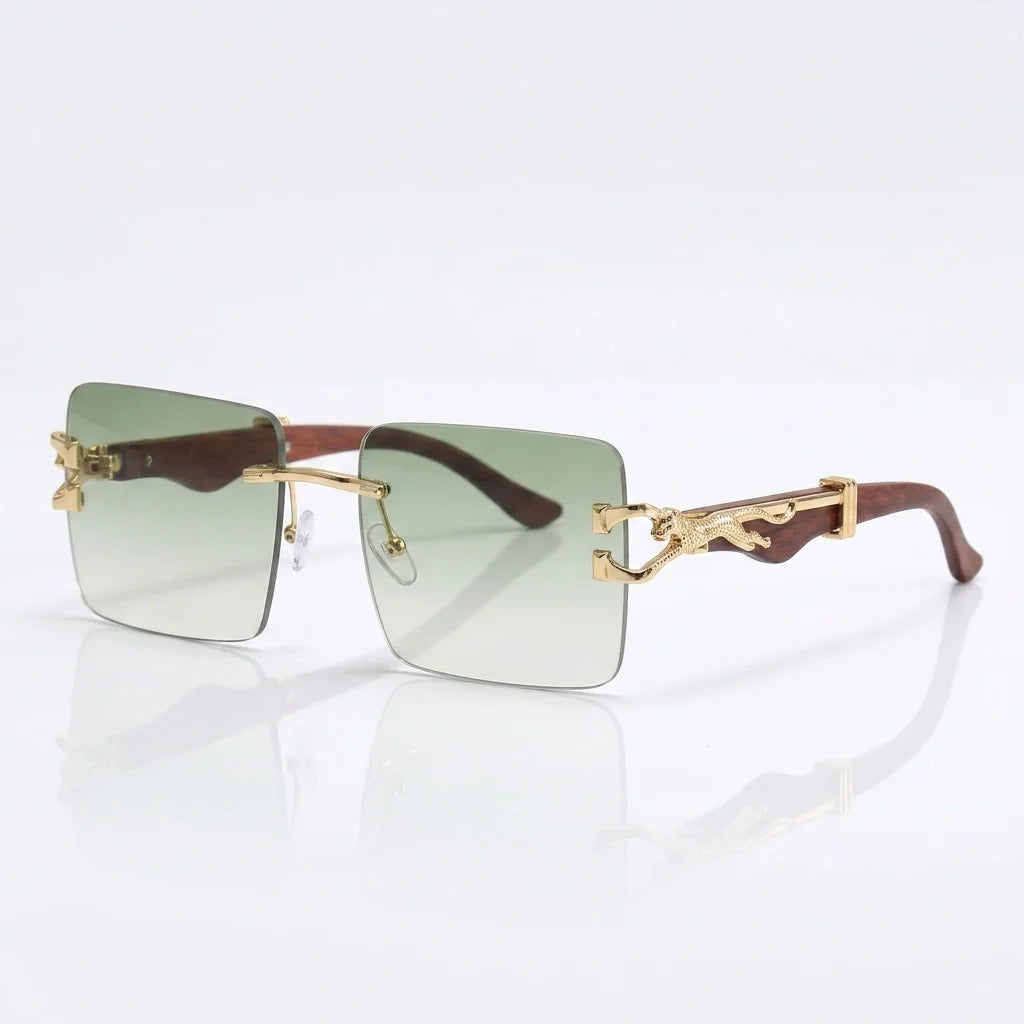 Rimless gradient sunglasses with gold leopard temple detail