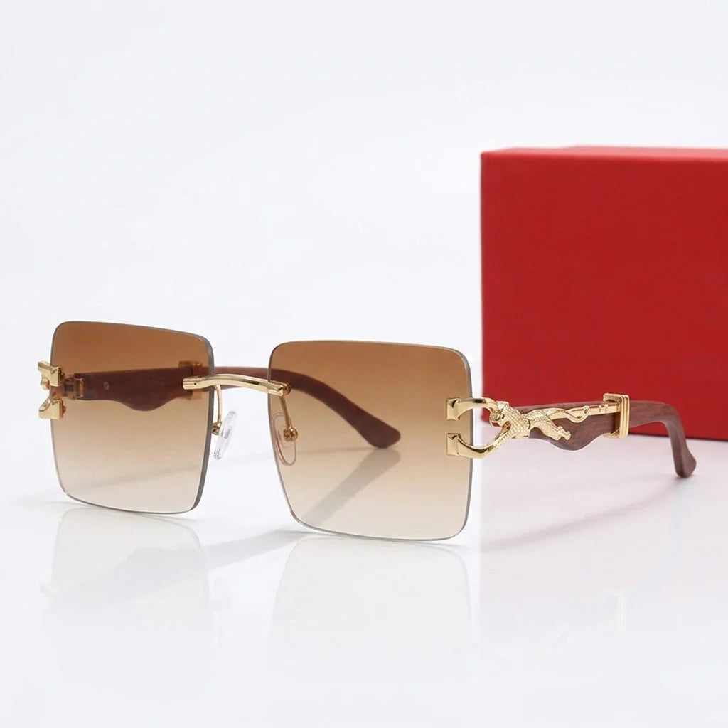 Rimless gradient sunglasses with gold leopard temple detail