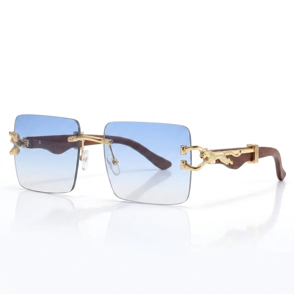 Rimless gradient sunglasses with gold leopard temple detail