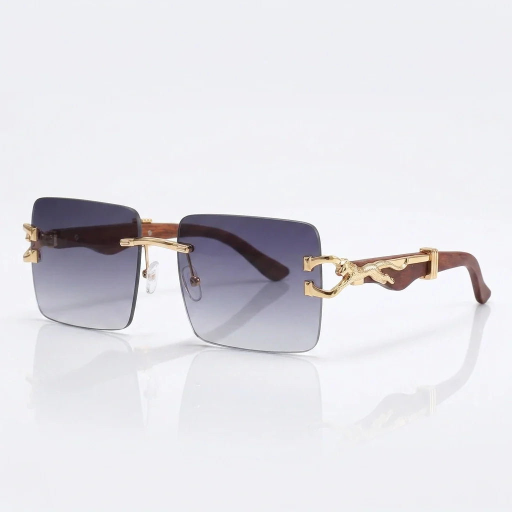 Rimless gradient sunglasses with gold leopard temple detail