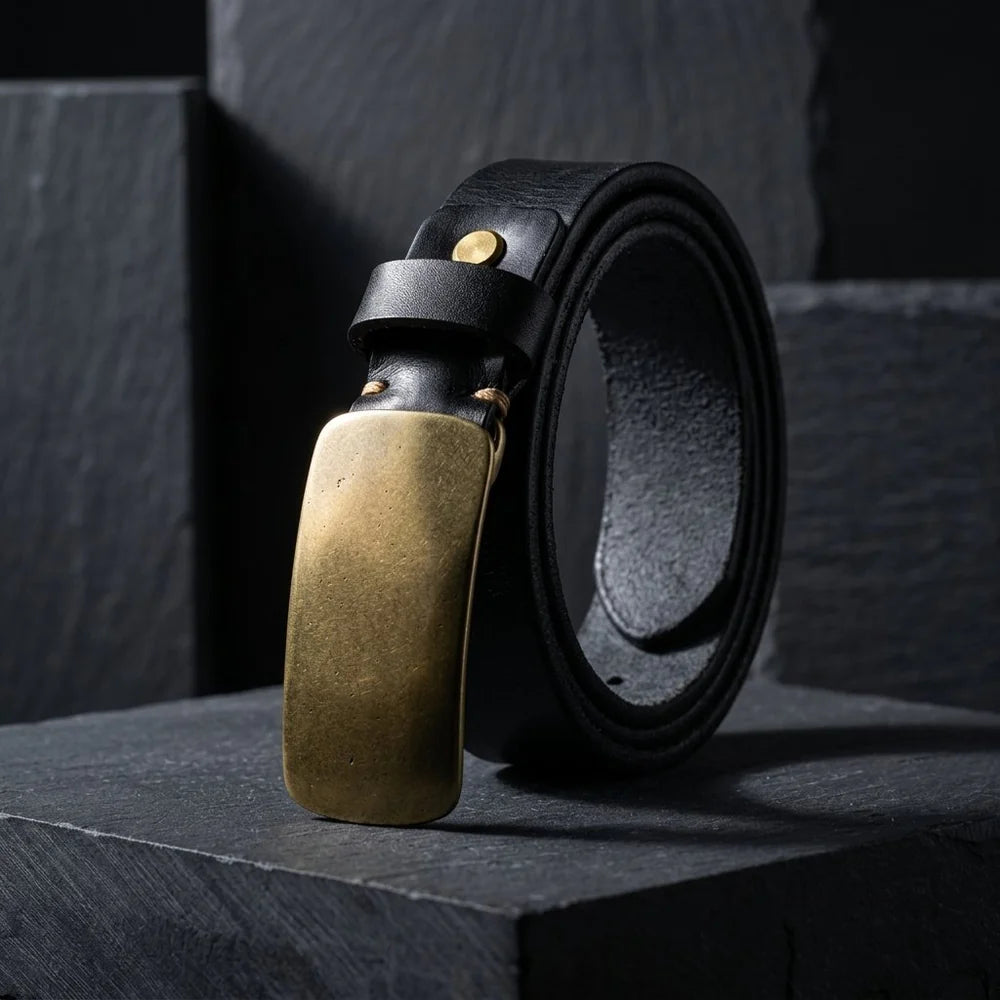 Full Grain Brass Buckle Belt Genuine Leather Men Vintage Style