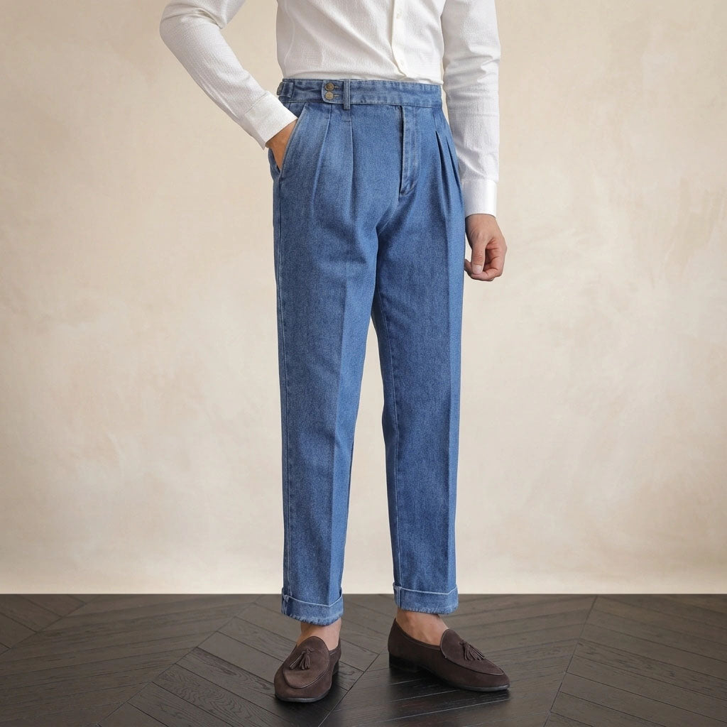 Marco Organic Cotton Pleated Denim Trousers