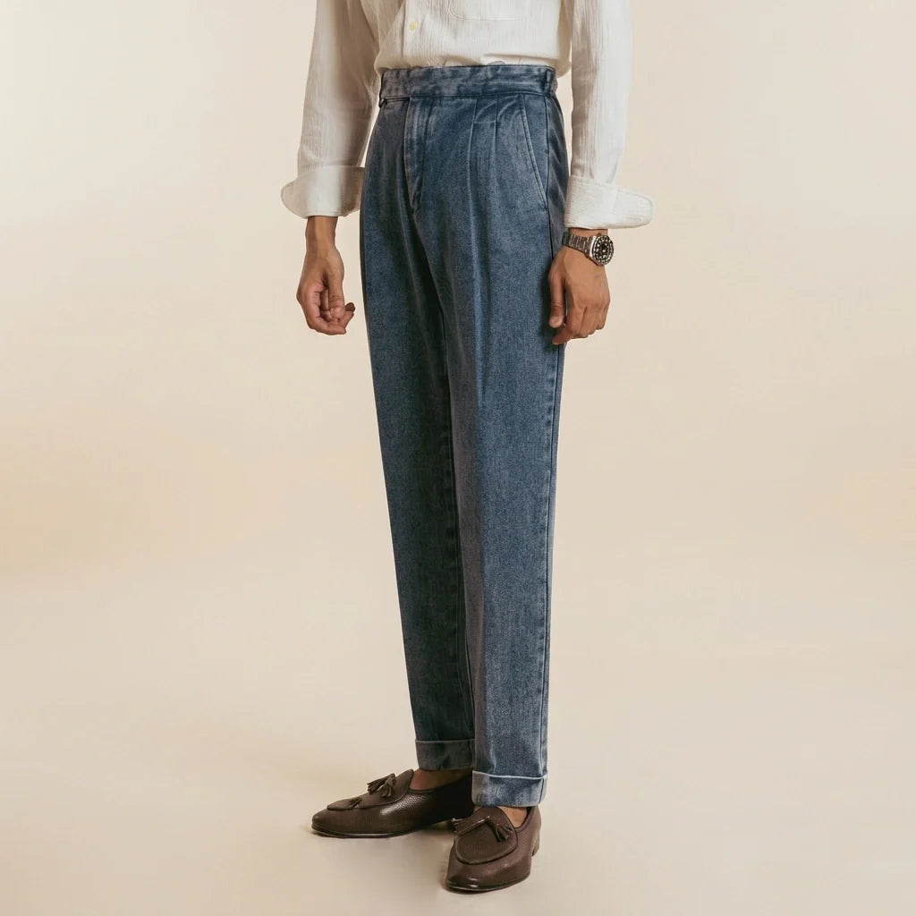 Marco Organic Cotton Pleated Denim Trousers