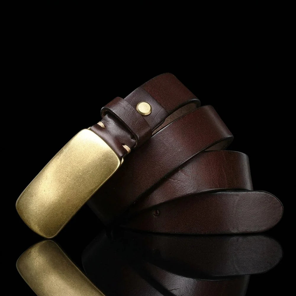 Full Grain Brass Buckle Belt Genuine Leather Men Vintage Style
