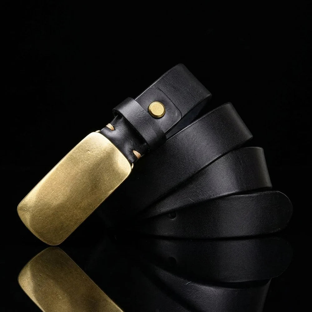 Full Grain Brass Buckle Belt Genuine Leather Men Vintage Style