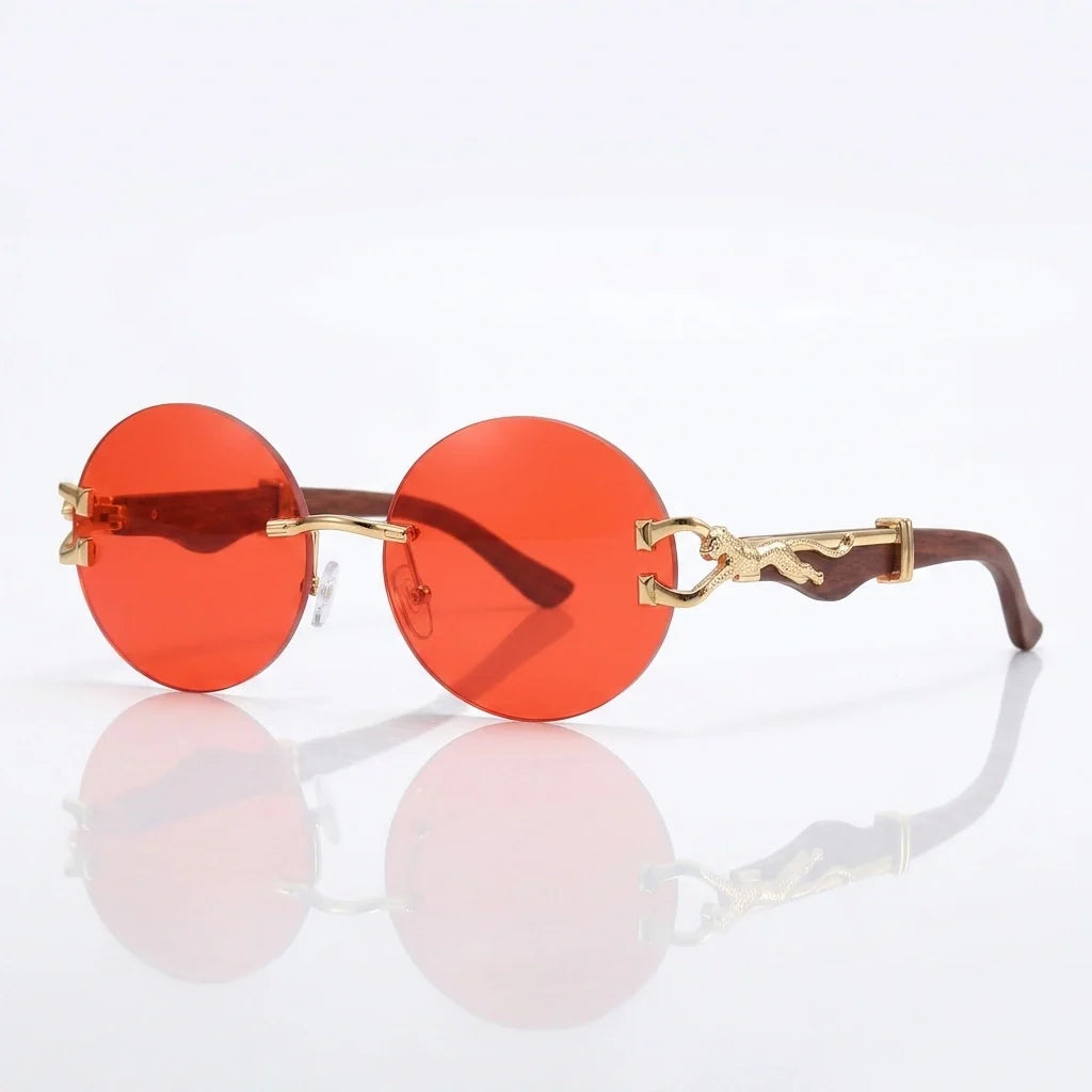Round rimless sunglasses with gold leopard side detail