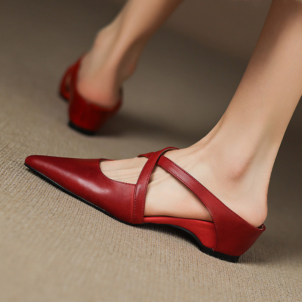 Women's Leather Cross-Strap Mules - Pointed Toe Wedge Shoes in Yellow Brown