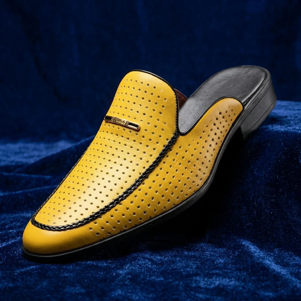 Perforated leather slip-on mules with gold hardware