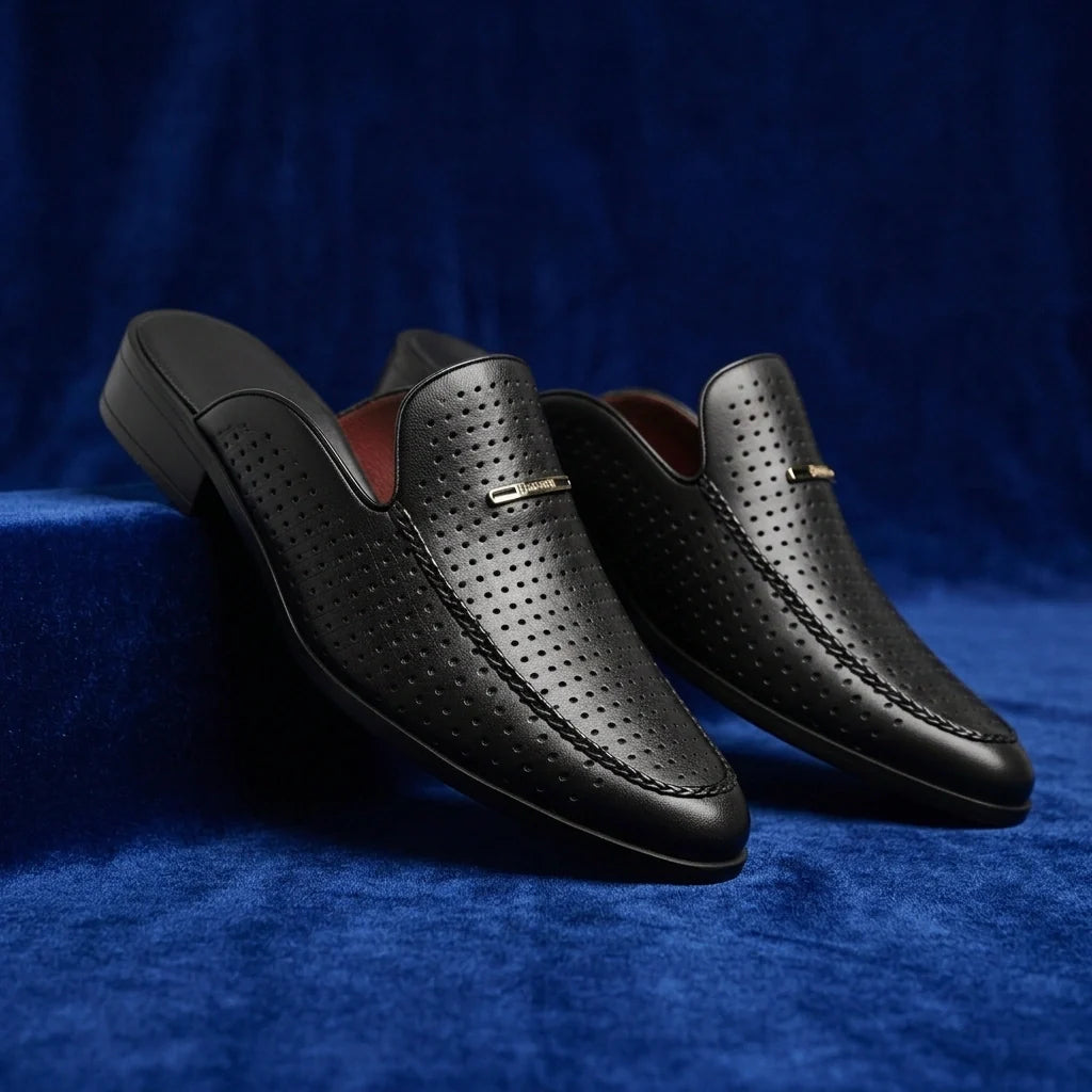 Perforated leather slip-on mules with gold hardware