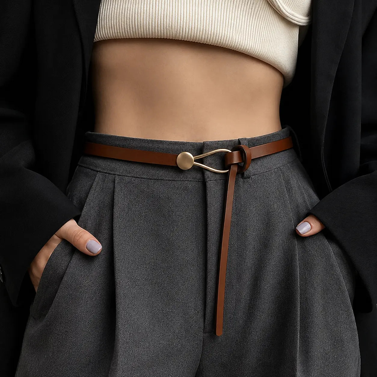 Slim premium leather belt with sculptural gold pin-hook buckle