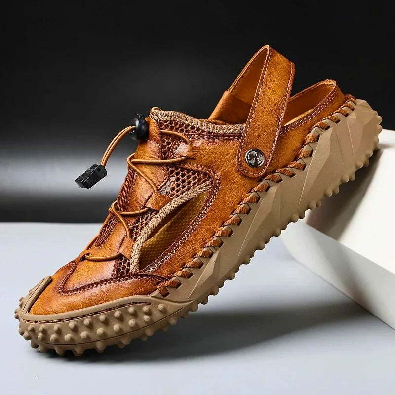 Men's Genuine Leather Sandals - Lightweight Outdoor Walking Shoes in Brown