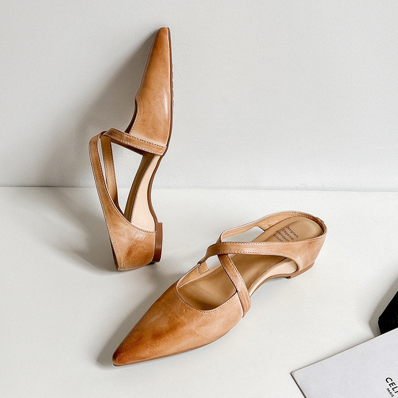 Women's Leather Cross-Strap Mules - Pointed Toe Wedge Shoes in Yellow Brown