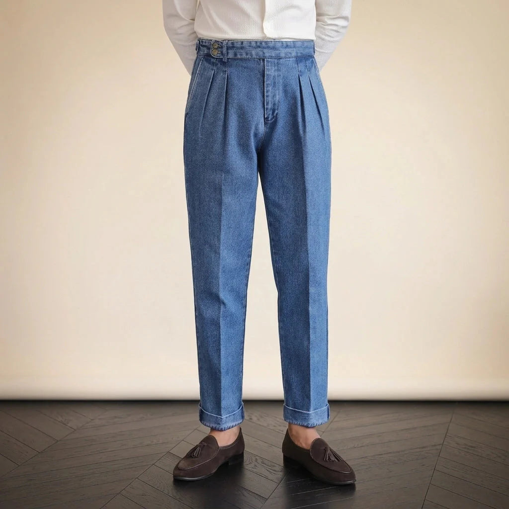 Marco Organic Cotton Pleated Denim Trousers