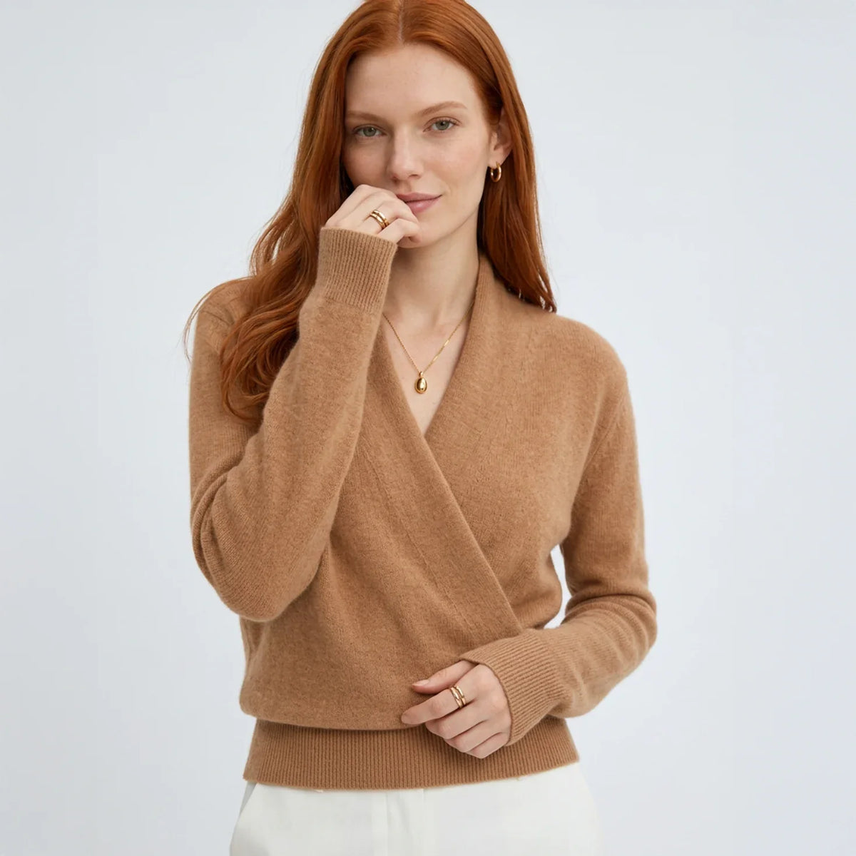 Women's 100 percent cashmere crossover collar wrap sweater