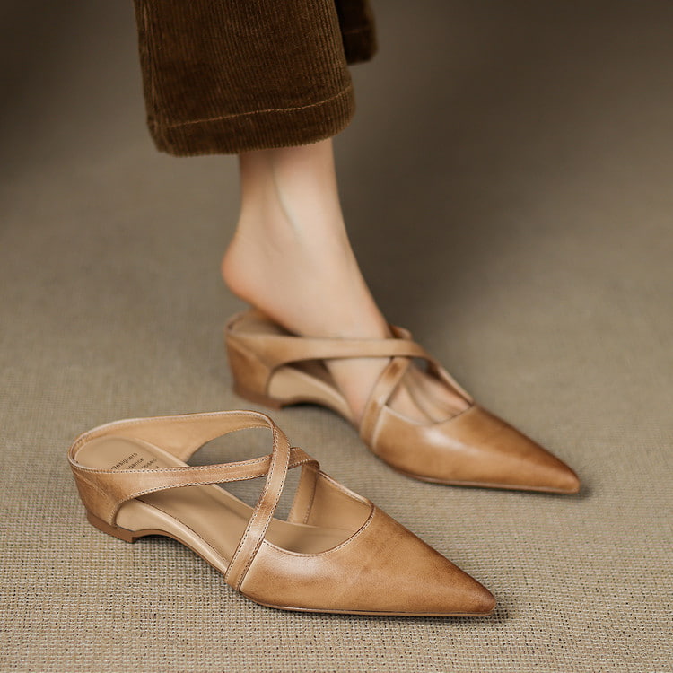 Women's Leather Cross-Strap Mules - Pointed Toe Wedge Shoes in Yellow Brown