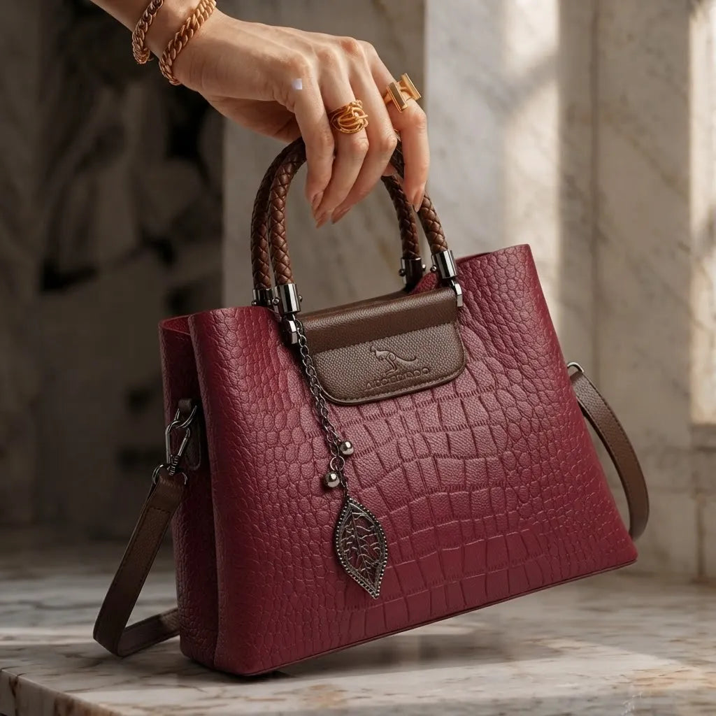 Croc-embossed leather shoulder bag with braided top handle
