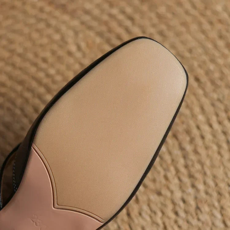 Women's Genuine Leather Mules - Cut-Out Block Heel Shoes in Yellow Brown