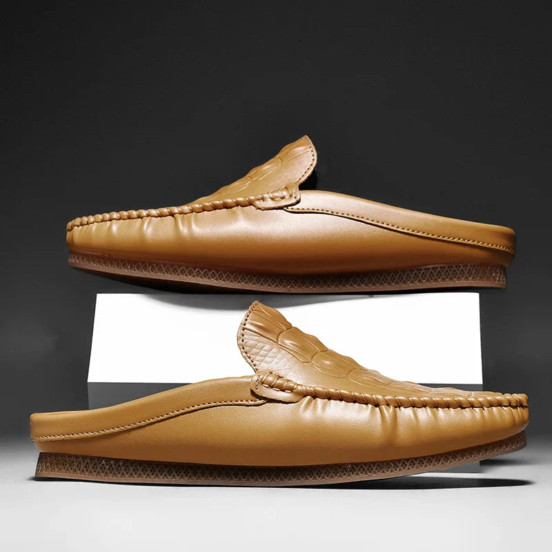 Men's Backless Leather Loafers - Slip-On Mule Dress Shoes in Yellow Brown