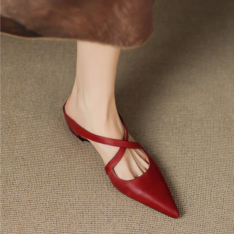 Women's Leather Cross-Strap Mules - Pointed Toe Wedge Shoes in Yellow Brown