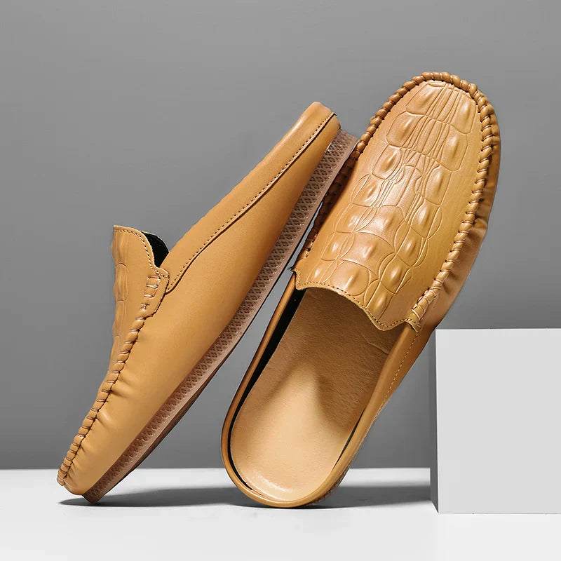 Men's Backless Leather Loafers - Slip-On Mule Dress Shoes in Yellow Brown