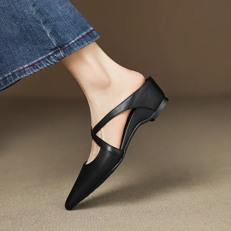 Women's Leather Cross-Strap Mules - Pointed Toe Wedge Shoes in Yellow Brown