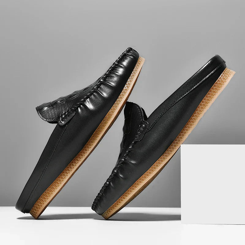 Men's Backless Leather Loafers - Slip-On Mule Dress Shoes in Yellow Brown