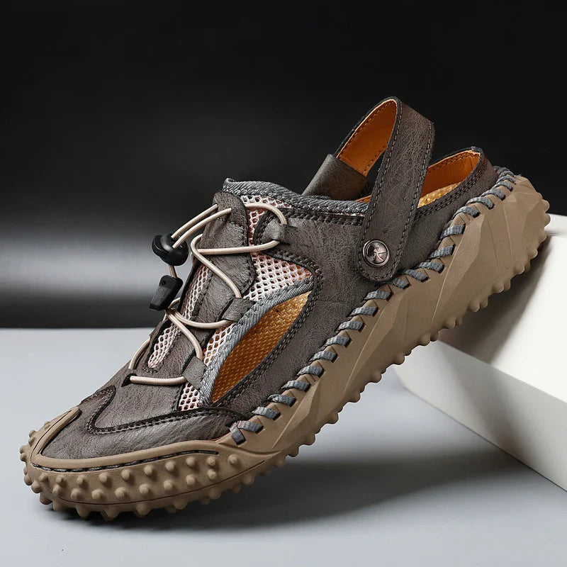 Men's Genuine Leather Sandals - Lightweight Outdoor Walking Shoes in Brown