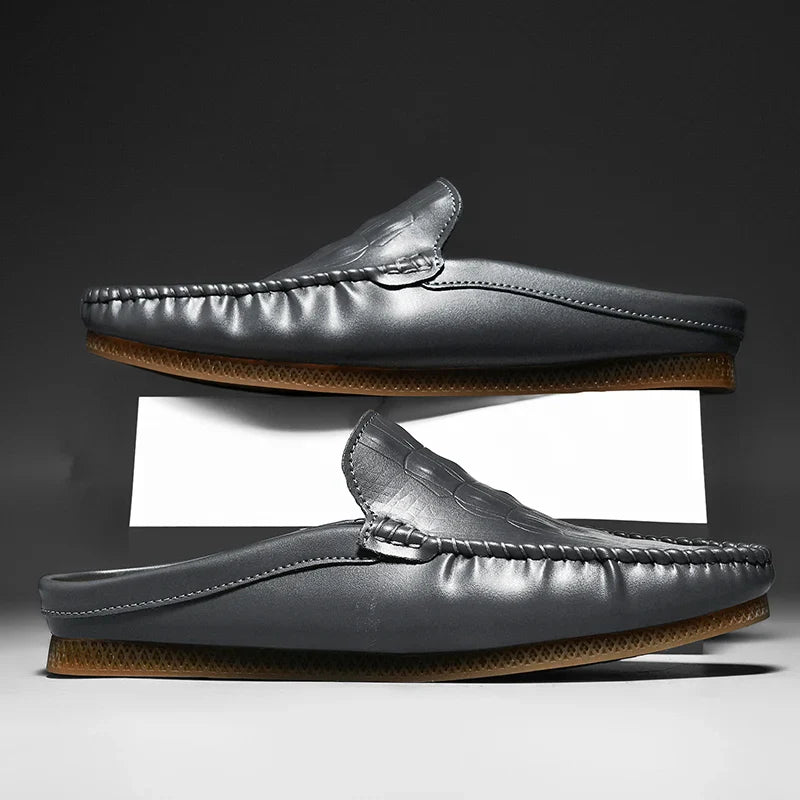 Men's Backless Leather Loafers - Slip-On Mule Dress Shoes in Jet Black